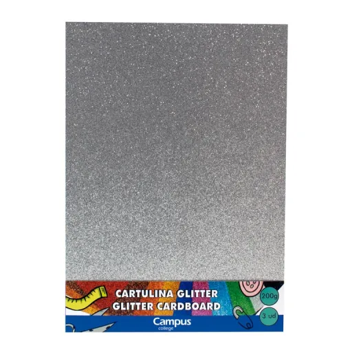 Cartolina Campus A4 Prata Purpurina Glitter 3Un.