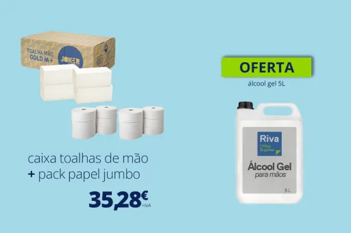 Pack 1 Caixa de Toalhas de Mão TOALHAS2122 + 1 Embalagem de Papel Jumbo JUMBO12 + Oferta 1 Garrafão de Álcool Gel AG5L