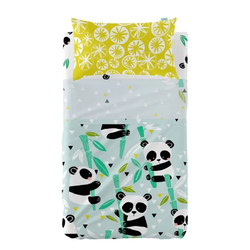 Conjunto de Lençóis HappyFriday Moshi Moshi Panda Garden Blue Azul Berço de Bebé 2 Peças