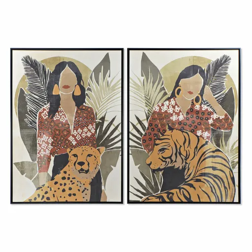 Pintura DKD Home Decor Mulher Tigre 104 x 4,5 x 144 cm Animal Tropical (2 Unidades)