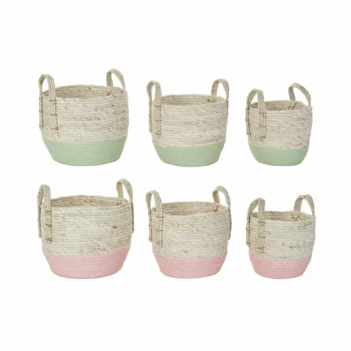 Conjunto de Cestas DKD Home Decor Natural Cor de Rosa Verde Fibra Natural 30 x 30 x 32 cm Boho (2 Unidades)