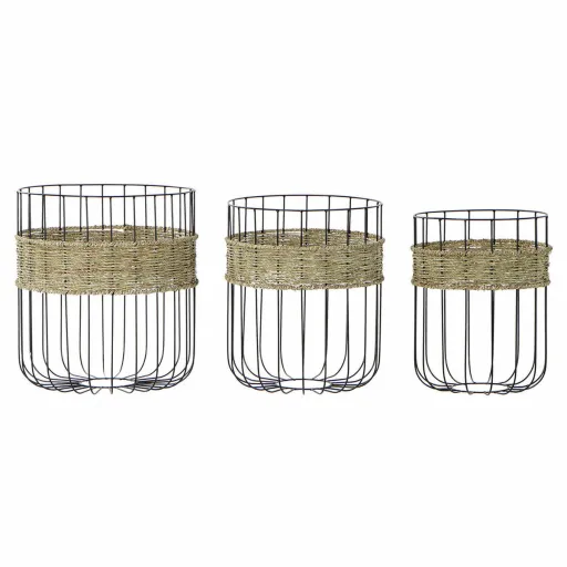 Conjunto de Cestas DKD Home Decor Preto Natural Metal Fibra Natural 35 x 35 x 40 cm 3 Peças