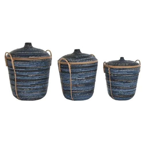 Conjunto de Cestas DKD Home Decor Azul Preto Boho 51 x 51 x 65 cm 3 Peças