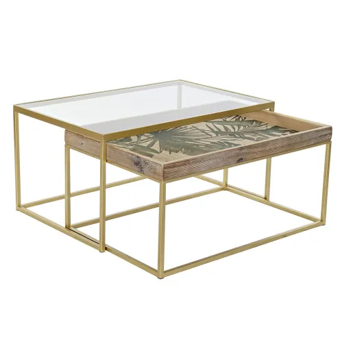 Conjunto de 2 Mesas DKD Home Decor Dourado Natural Madeira Metal Cristal 90 x 60 x 45 cm