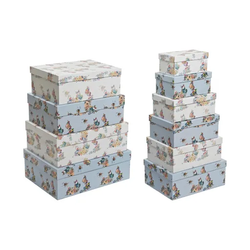 Conjunto de Caixas de Organização Empilháveis DKD Home Decor Azul Branco Bloemen Cartão (43,5 x 33,5 x 15,5 cm)