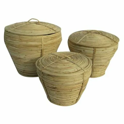 Conjunto de Cestas DKD Home Decor Com Tampa Natural Rotim Tropical (3 Peças) (35 x 35 x 30 cm)