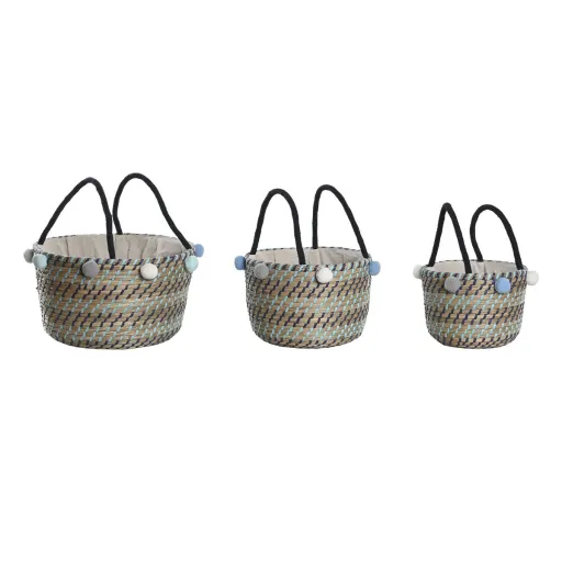 Conjunto de Cestas DKD Home Decor Poliéster Pompons 43 x 43 x 43 cm Zostera Marina