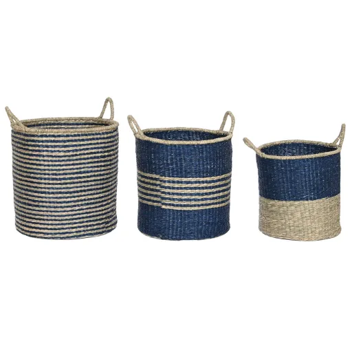 Conjunto de Cestas Home ESPRIT Azul Natural Juta Zostera Marina Mediterrâneo 43 x 43 x 54 cm (3 Peças)