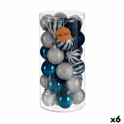 Conjunto de Bolas de Natal Azul Prateado Plástico Ø 6 cm (6 Unidades)