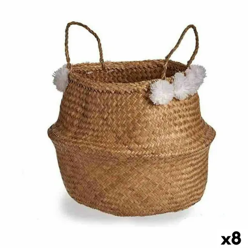 Cesta Decorativa Pompons Branco Natural Junco 8 L 32 x 30 x 32 cm (8 Unidades)