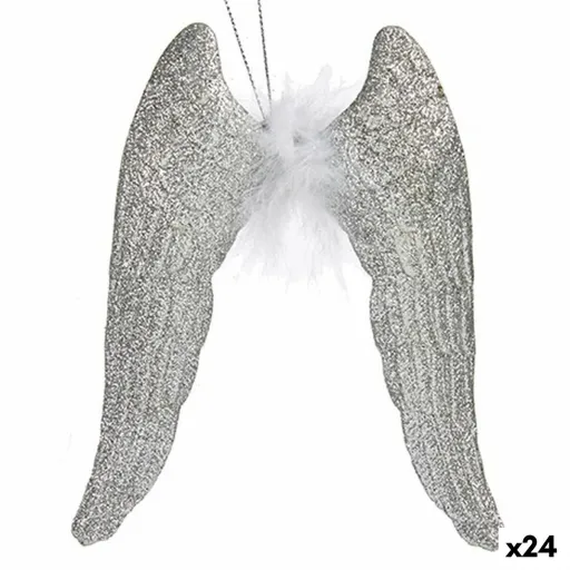 Adorno Natalício Asas de Anjo Prateado Plástico Purpurina 12,5 x 15 x 2,5 cm (24 Unidades)