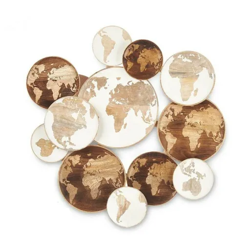 Decoração de Parede Branco Castanho Madeira de Mangueira Mapa do Mundo 76 x 70 x 5 cm