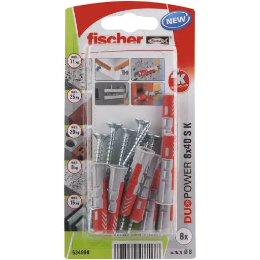 Buchas e Parafusos Fischer Duopower 534998 8 x 40 mm 8 Peças Nylon 1 Peça