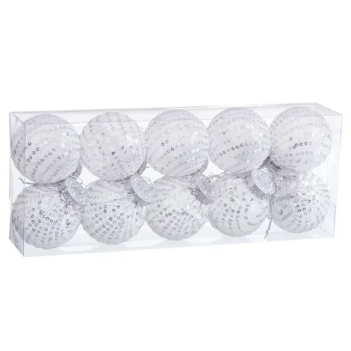 Bolas de Natal Branco Prateado Plástico Tecido Lantejoulas 6 x 6 x 6 cm (10 Unidades)