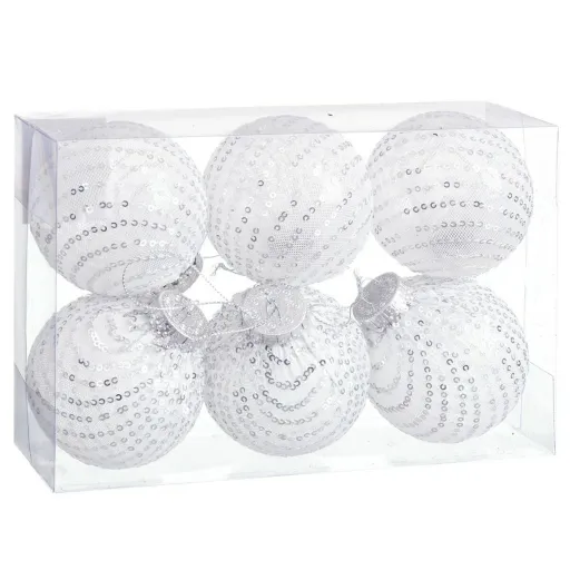 Bolas de Natal Branco Prateado Plástico Tecido Lantejoulas 8 x 8 x 8 cm (6 Unidades)