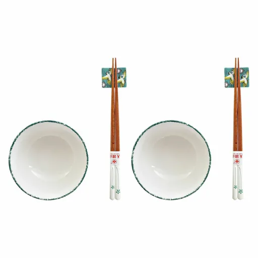 Conjunto de Sushi DKD Home Decor 25 x 25 x 6,5 cm Porcelana Madeira Branco Verde Oriental (6 Peças) (25 x 25 x 6,5 cm) (6 pcs)