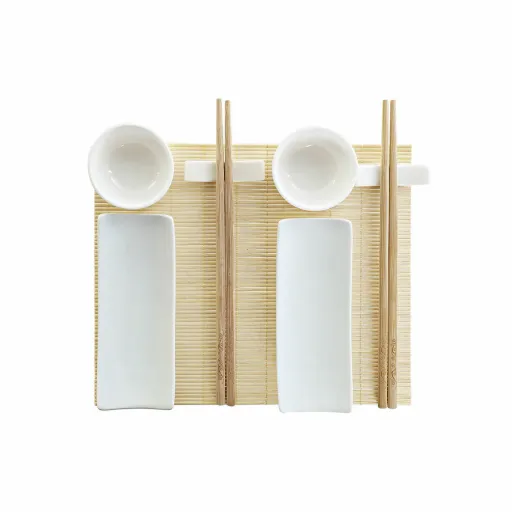 Conjunto de Sushi DKD Home Decor Bambu Grés Branco Natural Oriental 28,5 x 19,5 x 3,3 cm (9 Peças) (28,5 x 19,5 x 3,3 cm)