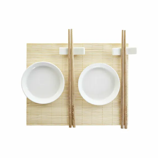 Conjunto de Sushi DKD Home Decor Bambu Plástico Grés Branco Natural Oriental 28,8 x 19,8 x 3 cm (7 Peças) (28,8 x 19,8 x 3 cm)