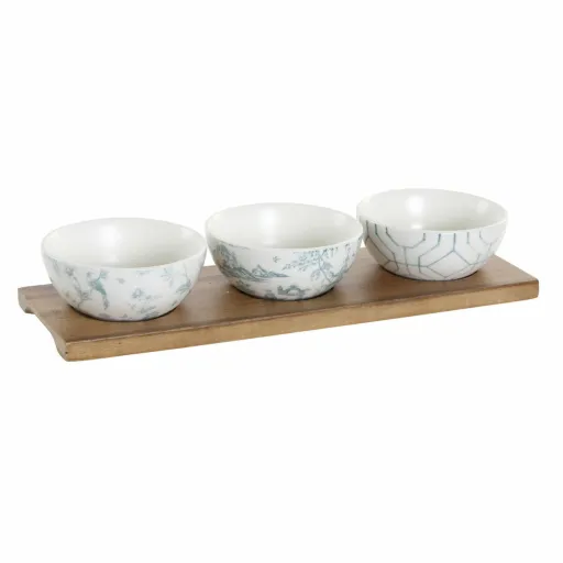 Conjunto para Aperitivos DKD Home Decor Branco Azul Marinho Porcelana Acácia Plástico Oriental 4 Peças 30 x 9,5 x 1,3 cm