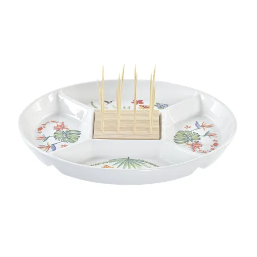 Bandeja de Aperitivos DKD Home Decor Multicolor Natural Bambu Grés Tropical 23,5 x 23,5 x 7 cm