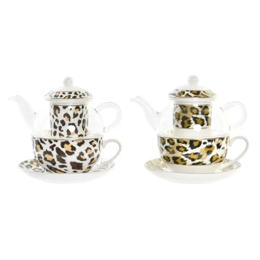 Bule DKD Home Decor Leopardo Cristal Porcelana Castanho Transparente Branco (2 Unidades)