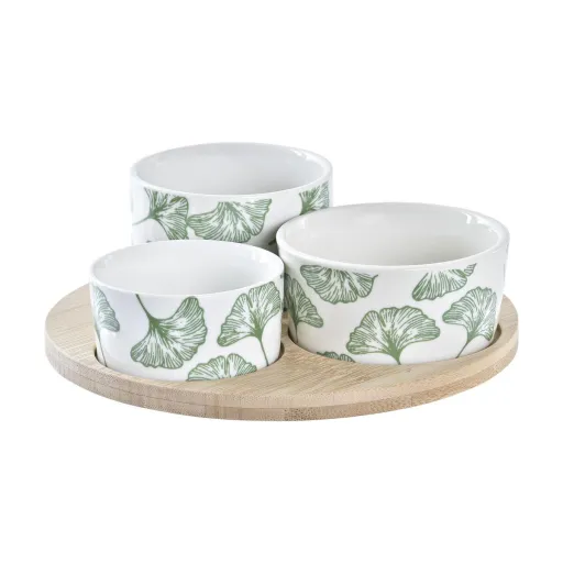 Conjunto para Aperitivos DKD Home Decor Bambu Grés Folhas Tropical 4 Peças 18 x 18 x 1 cm