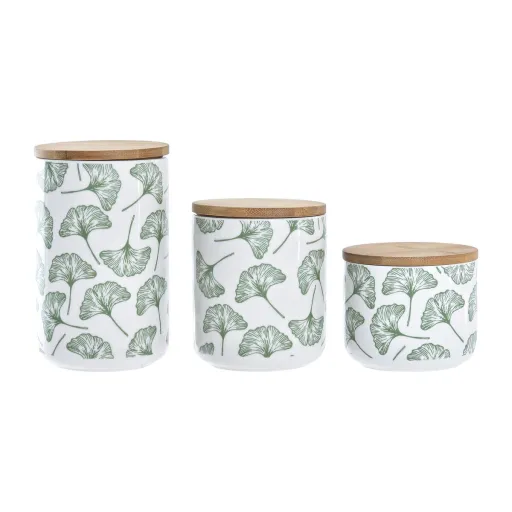 Conjunto de 3 Potes DKD Home Decor Natural Branco Verde Bambu Grés Tropical 10 x 10 x 17 cm