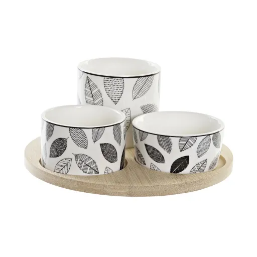 Conjunto para Aperitivos DKD Home Decor Branco/Preto Bambu Grés Folhas Cottage 3 Peças 8 cm 20 x 20 x 8 cm