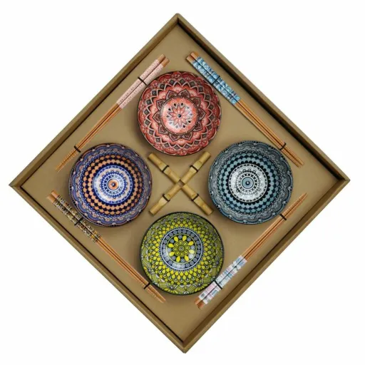 Conjunto de Sushi DKD Home Decor Multicolor Bambu Grés Mandala Oriental 34 x 34 x 6,5 cm (12 Peças)