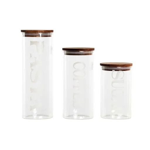 Conjunto de 3 Potes DKD Home Decor 10,2 x 10,2 x 27,7 cm Natural Transparente Acácia Letras Vidro de Borosilicato