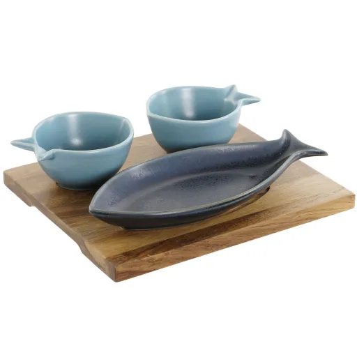 Conjunto para Aperitivos Home ESPRIT Azul Azul Celeste Porcelana Acácia Mediterrâneo Peixes 19,5 x 16,5 x 1,3 cm 4 Peças