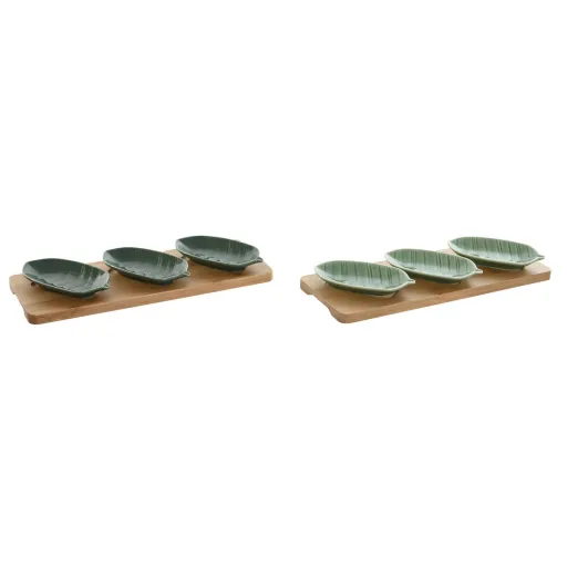 Conjunto para Aperitivos Home ESPRIT Verde Verde-Escuro Bambu Porcelana Tropical 4 Peças 28,4 x 10,5 x 3 cm (2 Unidades)