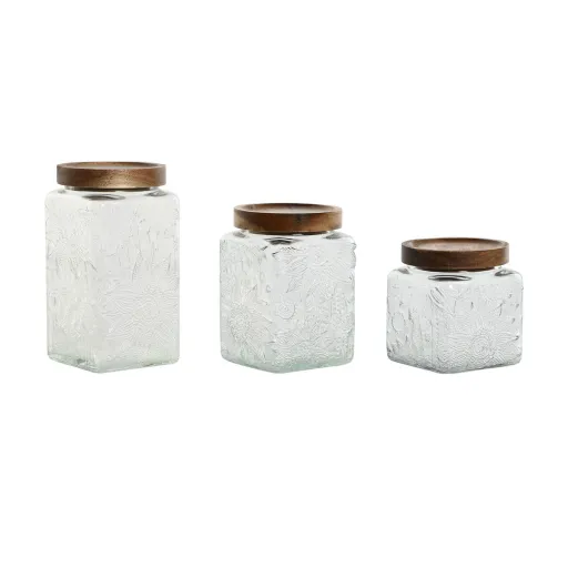 Conjunto de 3 Potes Home ESPRIT Natural Cristal Acácia 500 ml 750 ml 1 L 9,5 x 9,5 x 17,5 cm