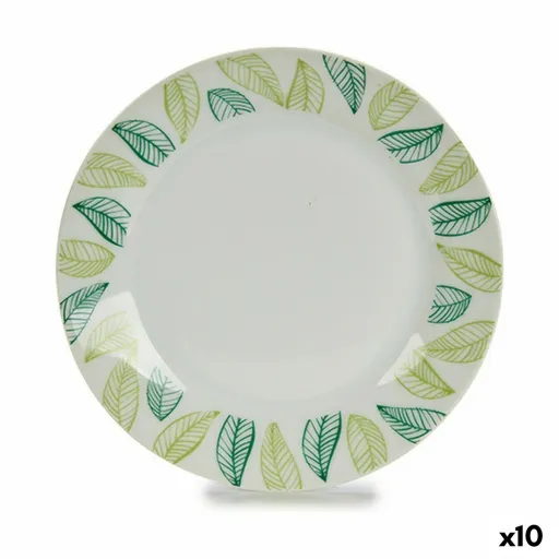 Prato de Sobremesa Folhas Branco Verde Ø 19 cm Porcelana (10 Unidades)