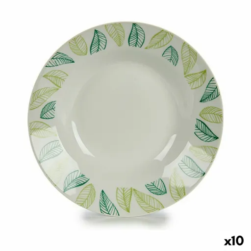 Prato Fundo Branco Verde Ø 20,6 cm Folhas Porcelana (10 Unidades)