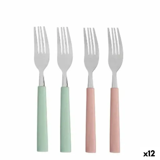 Conjunto de Garfos Verde Cor de Rosa Prateado Aço Inoxidável Plástico 18,7 cm (12 Unidades)