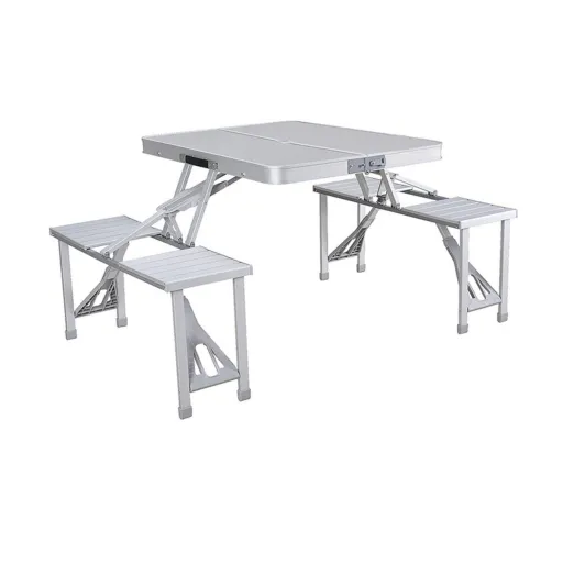 Marbueno Conjunto de Mesa e 4 Assentos c/ Furo p/ Guarda-Sol Dobrável Aluminio Cinza Camping e Praia 136X85X67 cm 10439