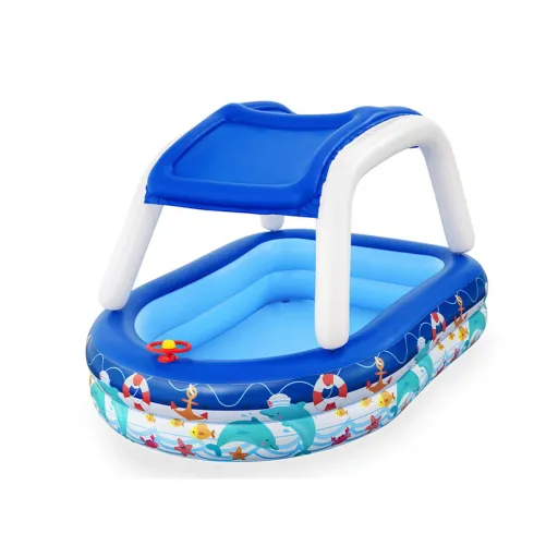 Bestway Piscina Inflável Infantil com Tejadilho Removível Barco com Volante 213x155x132 cm +3 Anos Jardim 54370