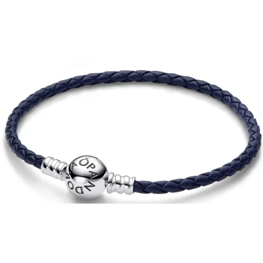 Pulseira Feminino Pandora ROUND CLASP BLUE BRAIDED LEATHER BRACELET