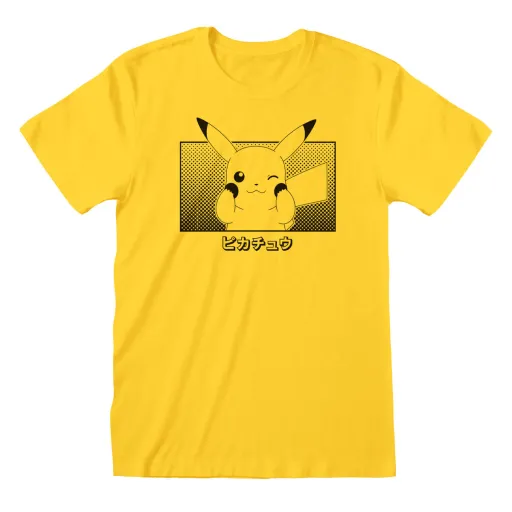 Camisola de Manga Curta Unissexo Pokémon Pikachu Katakana Amarelo