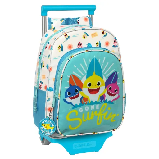 Mochila Escolar com Rodas Baby Shark Surfing Azul Branco 26 x 34 x 11 cm