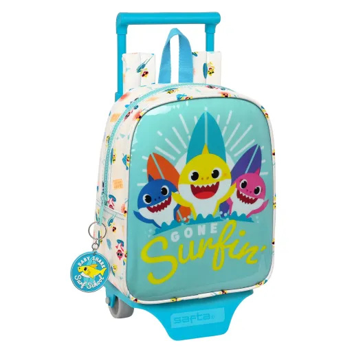 Mochila Escolar com Rodas Baby Shark Surfing Azul Branco 22 x 27 x 10 cm