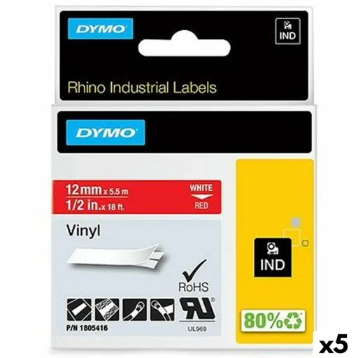 Cinta Laminada para Máquinas Rotuladoras Rhino Dymo ID1-12 12 x 5,5 mm Vermelho Branco Etiqueta Autoadesivas (5 Unidades)