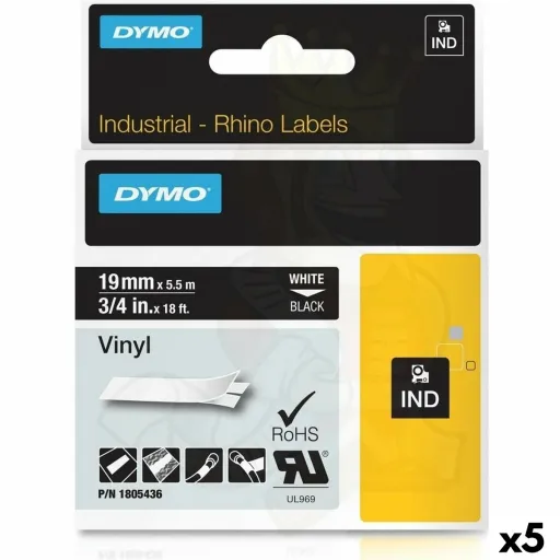 Cinta Laminada para Máquinas Rotuladoras Rhino Dymo ID1-19 19 x 5,5 mm Preto Poliéster Branco Autoadesivas (5 Unidades)