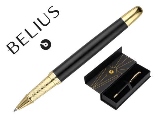 Esferografica Belius Soiree Aluminio Desenho Art Deco Preto e Dourado Tinta Azul Caixa Design