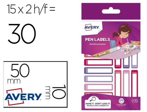 Etiqueta Adesiva Avery para Esferograficas e Lapis Rosa e Violeta 50x10 mm Blister de 30 Unidades