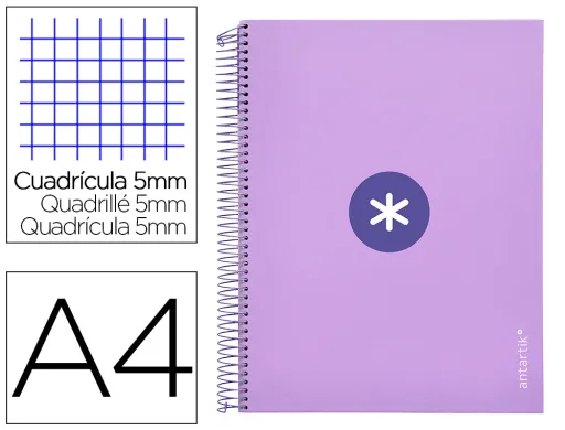 Caderno Espiral A4 Micro Antartik Tapa Forrada120h 100 gr Cuadro 5mm 5 BandA4 Taladros Color Lavanda