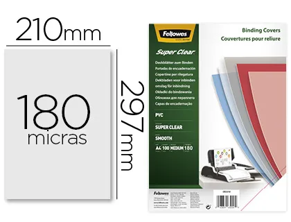 Capa de Encadernação Fellowes Pvc Din A4 Transparente Cristal 180 Microns Pack de 100 Unidades