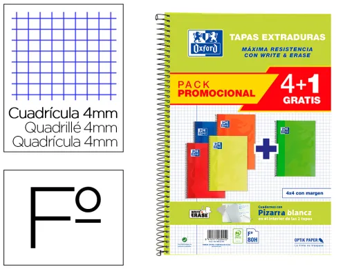 Caderno Espiral Oxford Capa Extradura Folio 80 Folhas Quadricula 4 mm Write&Erase Quadro Pack 4+1 Unidades Cores Vivas