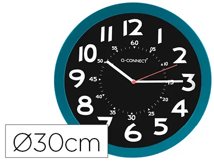 Relogio Q-Connect de Parede Plástico de Escritorio Redondo 30 cm Cor Azul e Preto